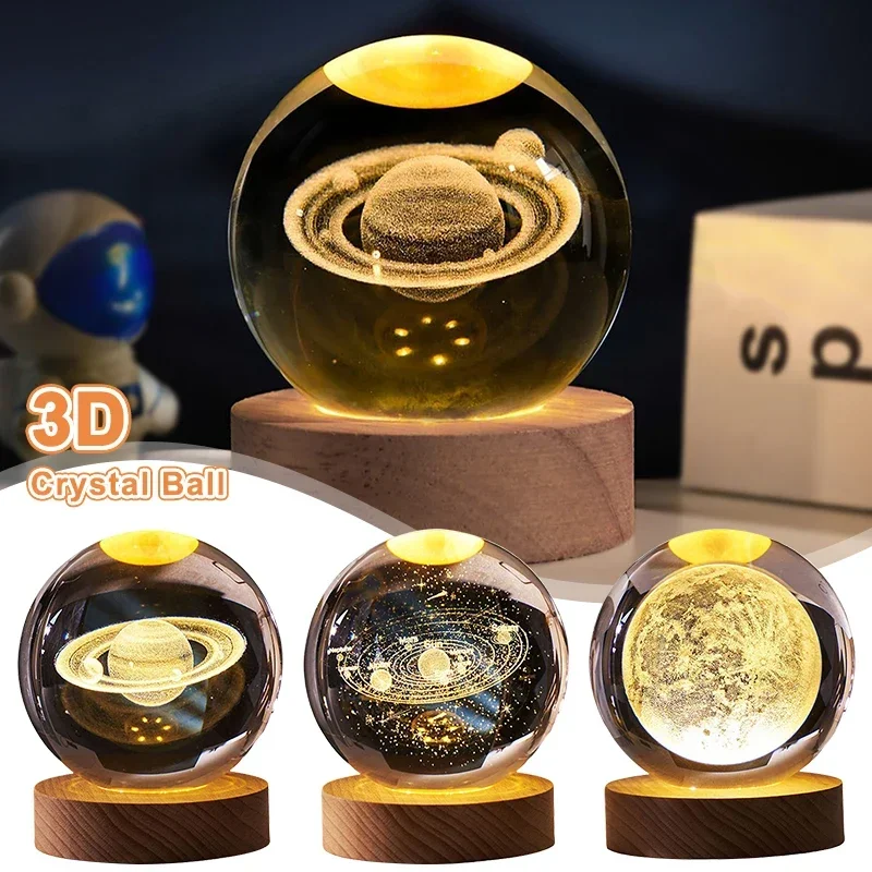 

Luminous Crystal Ball LED Night Light Saturn Solar System 3D Moon Table Lamp USB Bedroom Atmosphere Lamp for Birthday Kid Gift