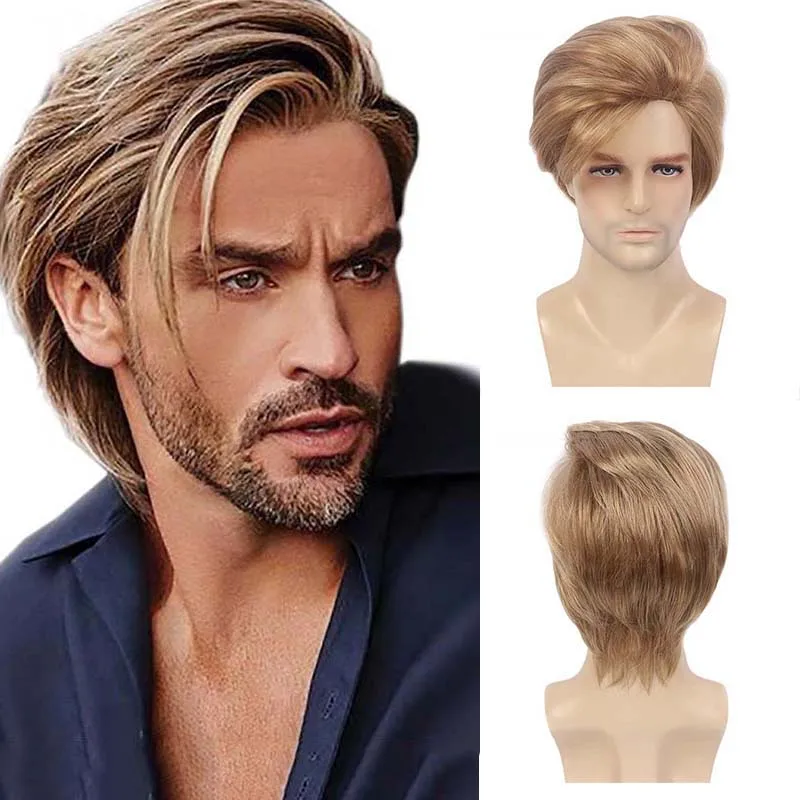 

Synthetic Short Golden Brown Straight Layered Wig with Side Bangs for Men Daily Cosplay Party Use Fake Hair Heat Resistant