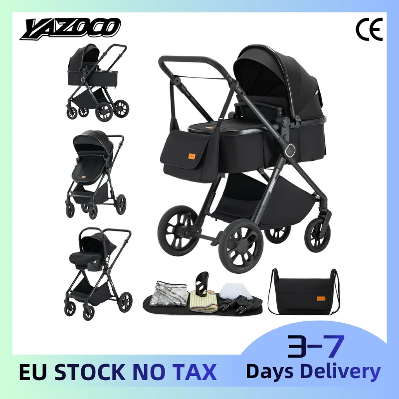 Poussette 3-en-1 pour nouveau-né avec vue surélevée, comprend un siège auto pour bébé, un cadre en aluminium robuste et léger de qualité aérospatiale, un siège en maille respirante optimisé pour l'été, un pliage simple en une seule étape, un chariot pour bébé peu encombrant et prêt pour les voyages