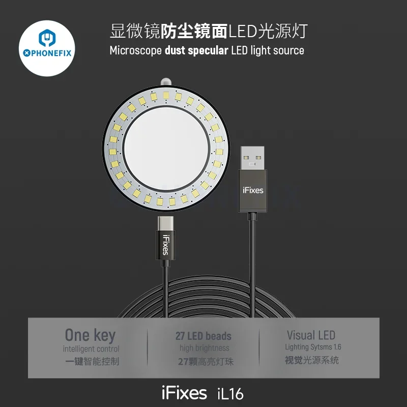 iFixes iL16 Microscope Polarized Ring Light USB Power Supply LED Light for Industrial Monocular Stereo Microscope Solder Repair