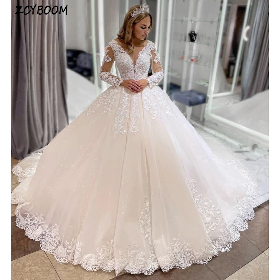 Customized Sequin Lace Appliques Full Sleeves Wedding Dress Ladies 2024 Ball Gown Sweep Train Lace Up Princess Bridal Gown