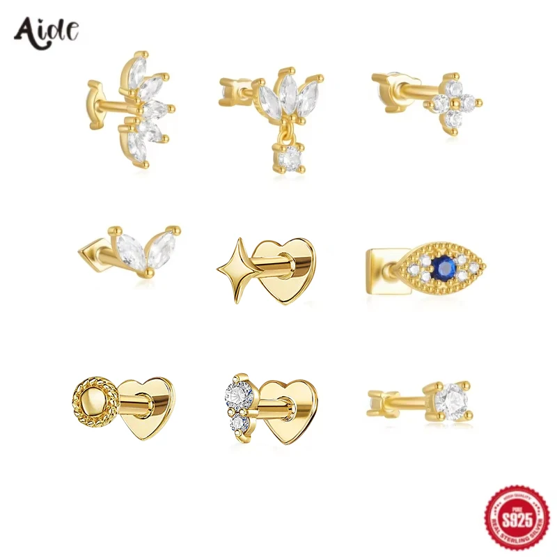 Aide 925 Sterling Silver 1pc Asymmetric Two Side Wearable Piercing Screw-Back Stud Earrings For Women Elegant Bohemian Jewelry