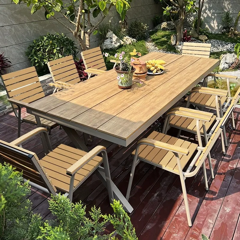 Yjq outdoor tables and chairs, courtyard garden villa, waterproof and sunscreen, open-air leisure plastic wood tables and chairs