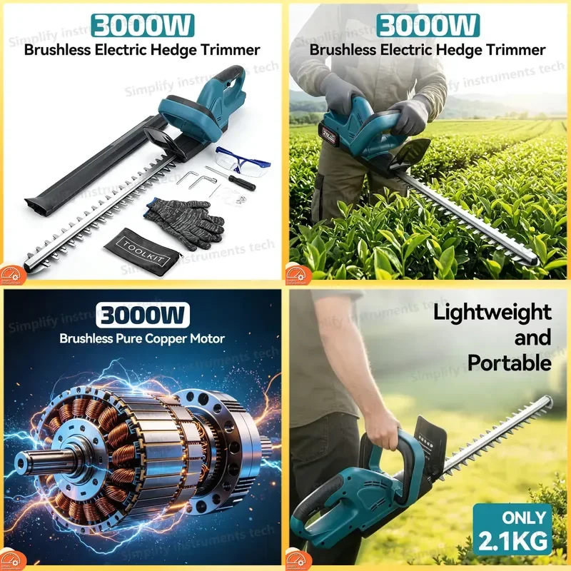3000W Brushless Cordless Hedge Trimmer Battery Powered Garden Pruner for Tea Shrubs Bushes Trees Rechargeable