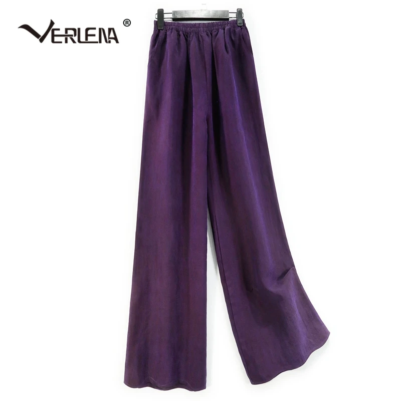 Elegant 30mm Thick 100% Xiangyun Silk Pants Cosy Women Purple Pleated Elastic Waist Double Pockets Wide Loose Straight Trousers