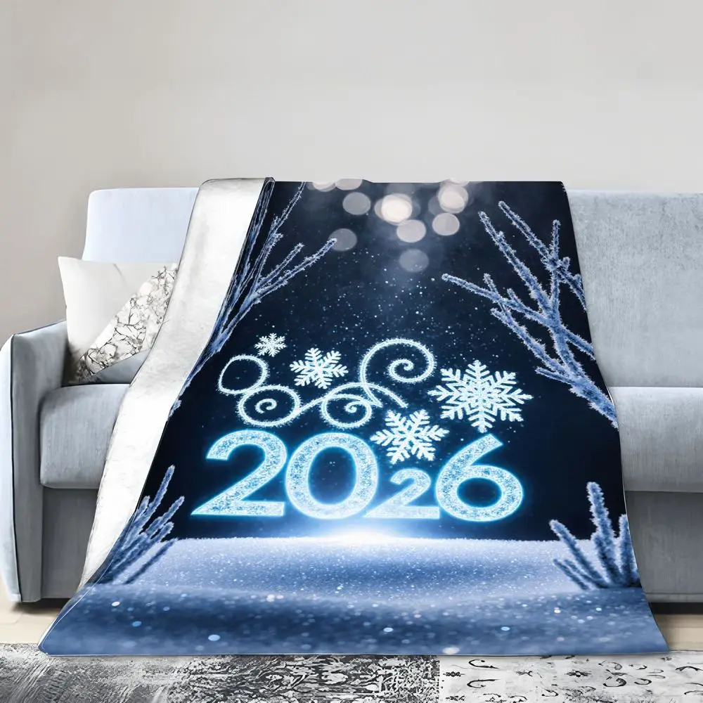 بطانية رمي الشتاء لعام 2026 - بطانية صوف مريحة مع تصميمات ندفة الثلج والدوامة، لوحة ألوان زرقاء جليدية وبيضاء، P