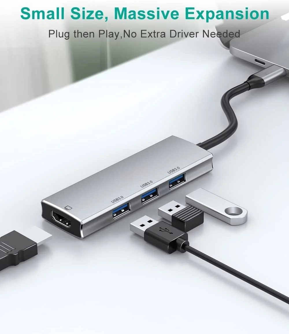 5PCS 4K For HDMI Adapter USB C Hub 4in1 Type C Hub 3.0 USB Ports Compatible MacBook/Air IPad Pro/Air/Steam Aluminium Alloy Compu