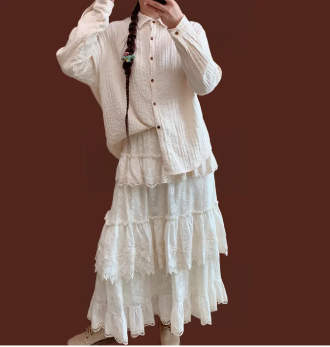 秋冬ガールズコットン刺繍スイートフリルベルベットレーススカートファッション万能年齢軽減ガーゼハイウエストスカート