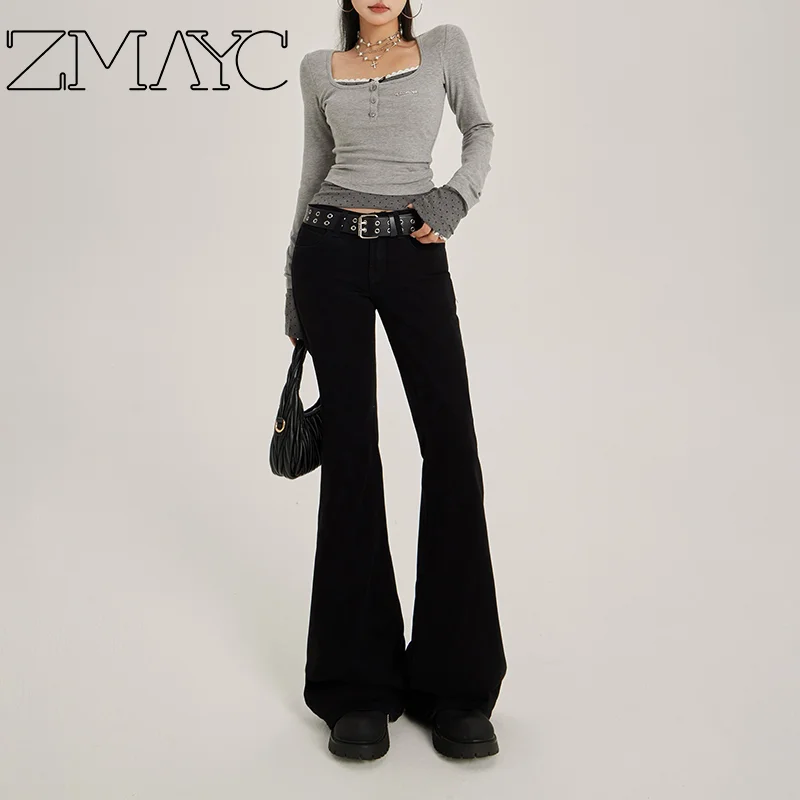 Zmayc feminino estilo de rua outono/inverno queimado jeans legal menina moda estilo calças de rua bottoms cintura baixa calças de perna larga