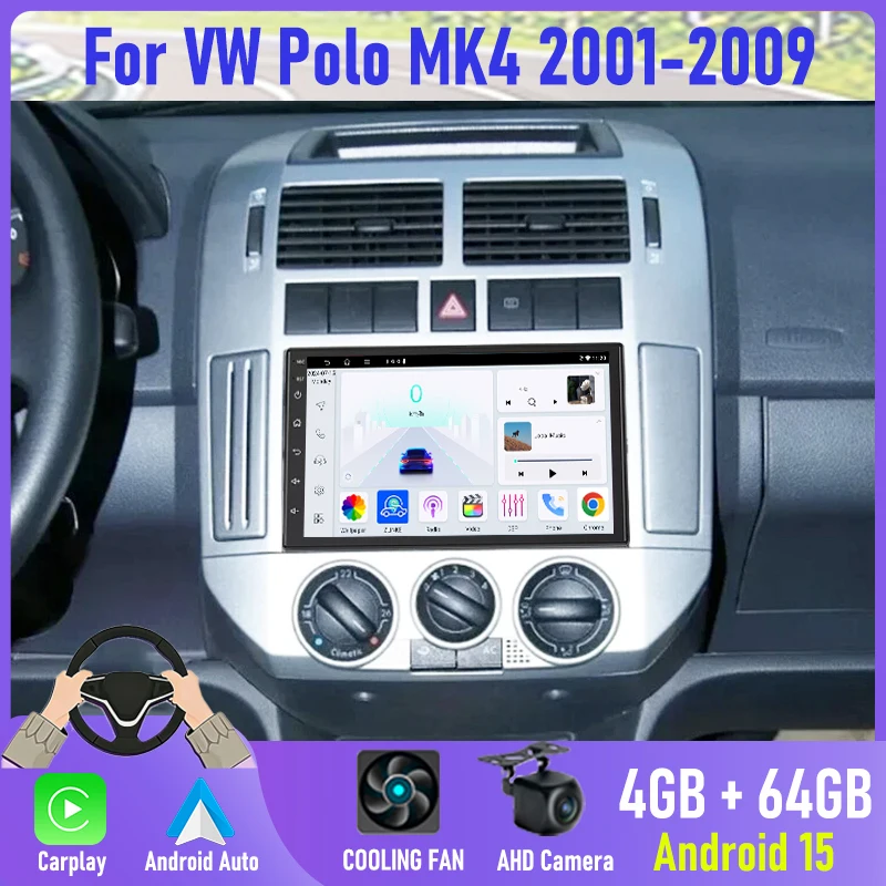 Car Stereo 7'' For VW Polo MK4 2001-2009 Car Radio Android 15 GPS Navi Bluetooth Carplay FM 2DIN Apple Camera Head Unit Stereo