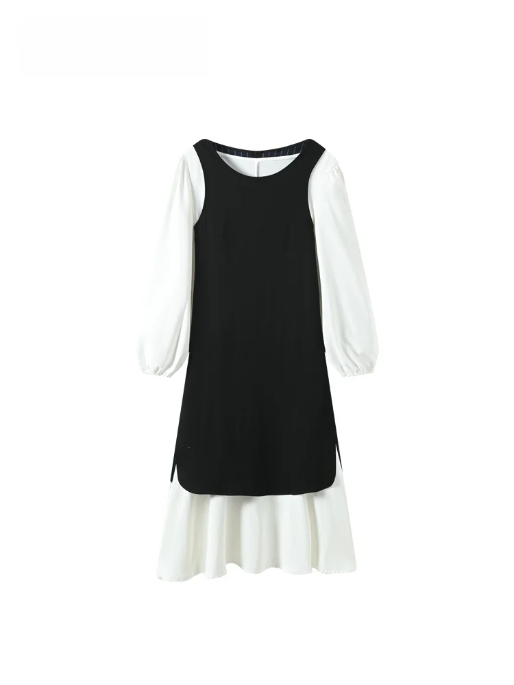 

plus Size Long Sve Dr Set Casual Mid-Length Splice Women's Faion Autumn Polyester Fiber round Ne Two-Piece Suit