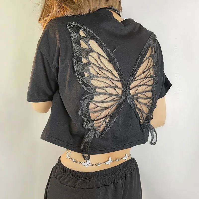 

Black Lace Butterfly Navel Short T-Shirt 2026 Hollow Short Sleeve Top