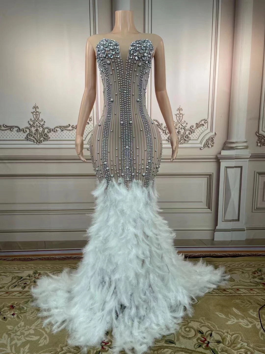 

Flashing Rhinestone Stage Wear White Feather Long Train Dress Evening Birthday Celebrate Dress Women Dancer Performance Costume