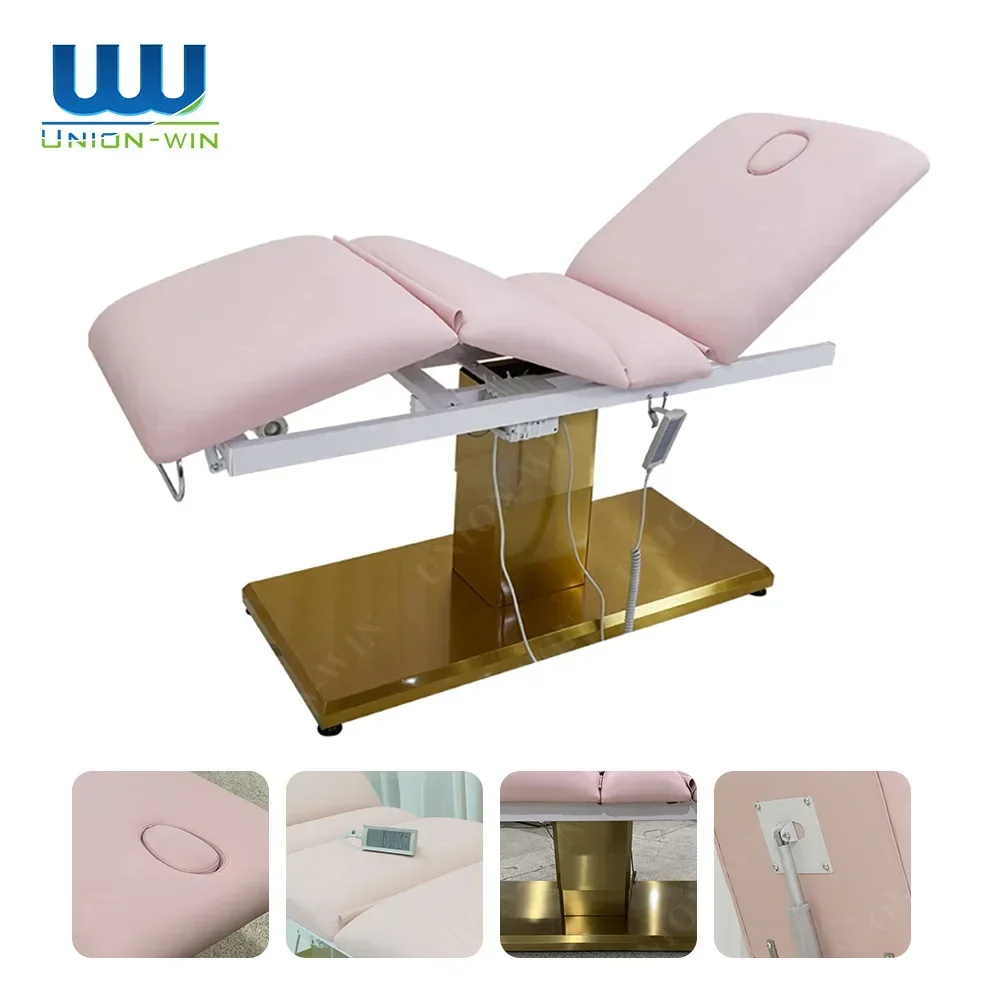 Union Win Three Motors beauty salon furniture pink leather facial spa bed stainless steel base lash bed curved beauty bed