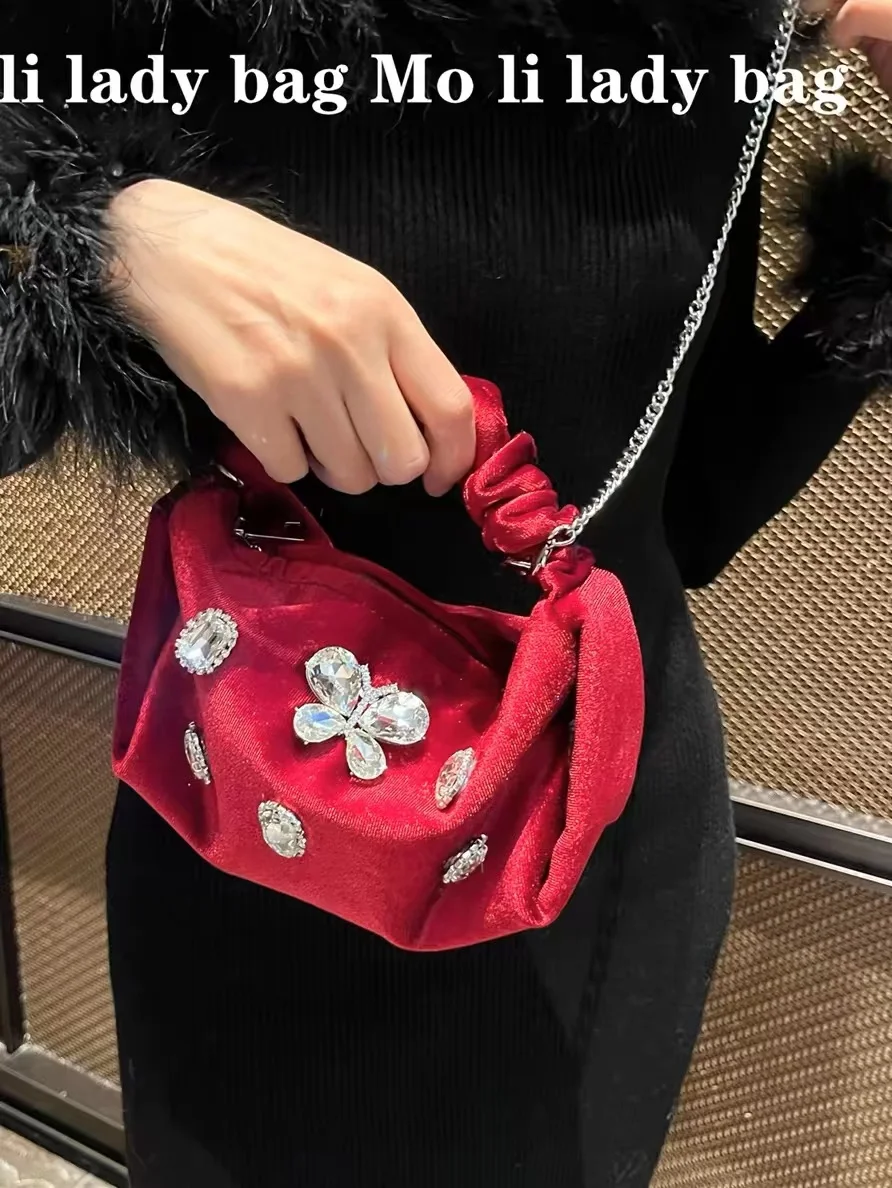 Luxury Velvet Pleated Hobo Bag Women Elegant Handbag Crystal Shiny Diamonds Evening Bag Wedding Party Clutch Purse Crossbody Bag
