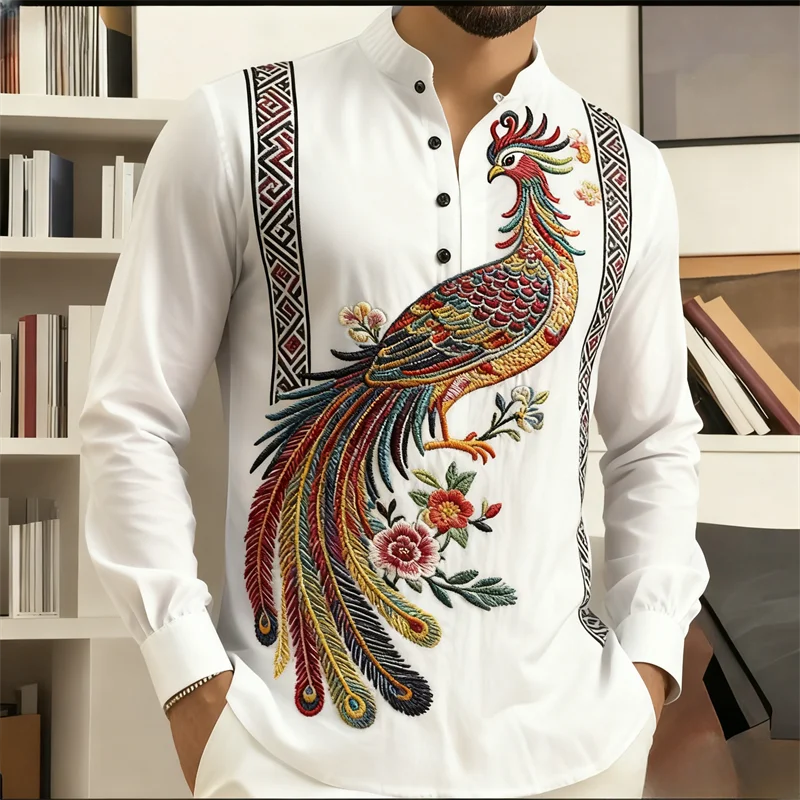 Kemeja etnik pria lengan panjang dengan cetakan 3D Phoenix |   Pola tradisional yang berwarna-warni |   Kemeja formal kasual untuk kantor/acara