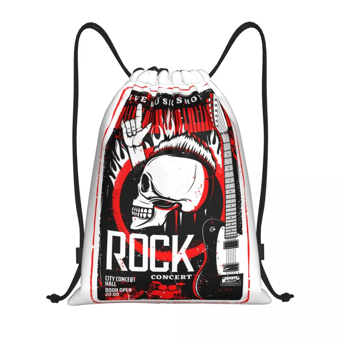 Retro Skull Guitar Rock Music Concert Drawstring Backpack Sports Gym Bag for Women Men Heavy Metal Festival Shopping Sackpack