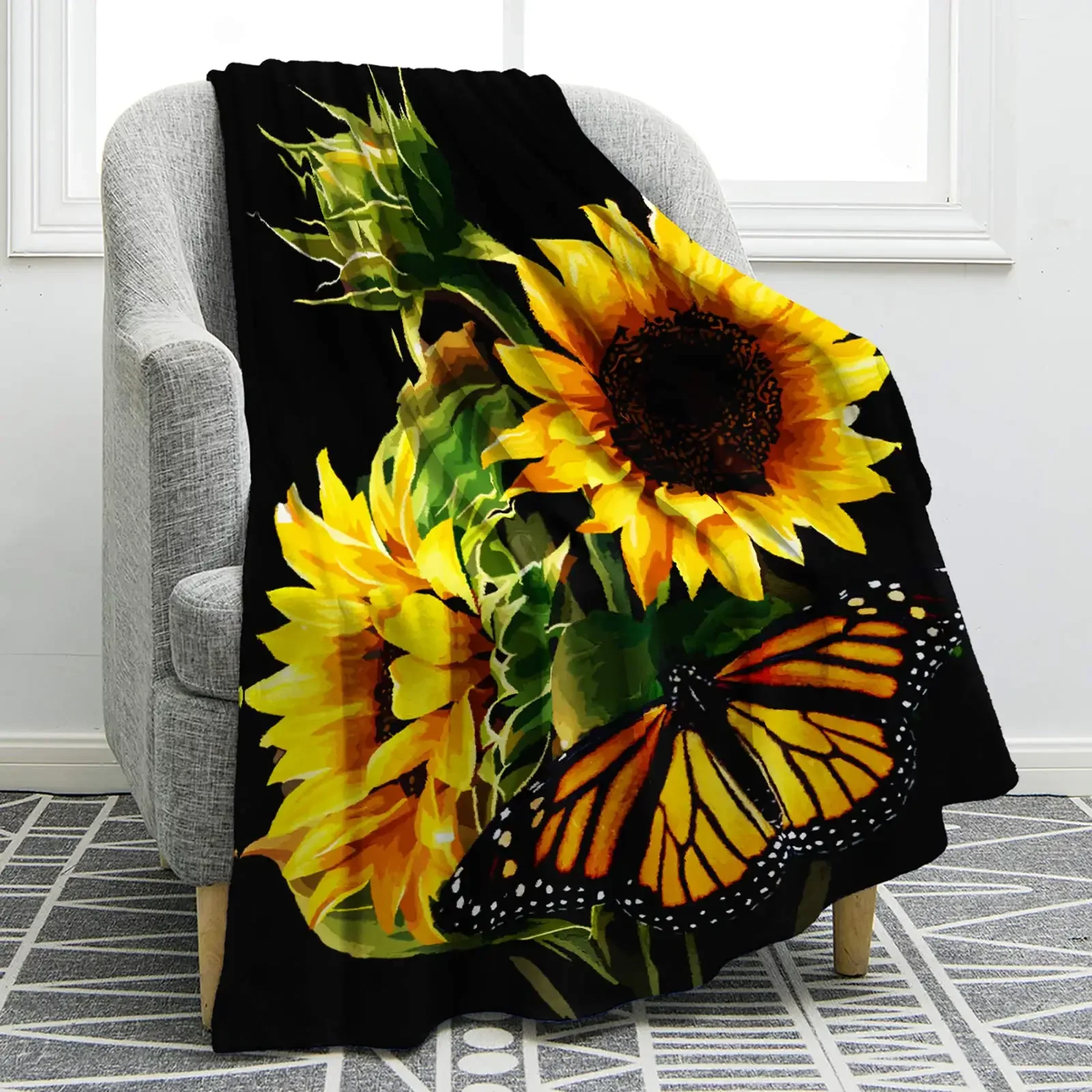 Sunflower Gifts Blanket Print Throw Soft Warm Lightweight Blanket for Women Birthday Christmas, Home Living Room Decor Black