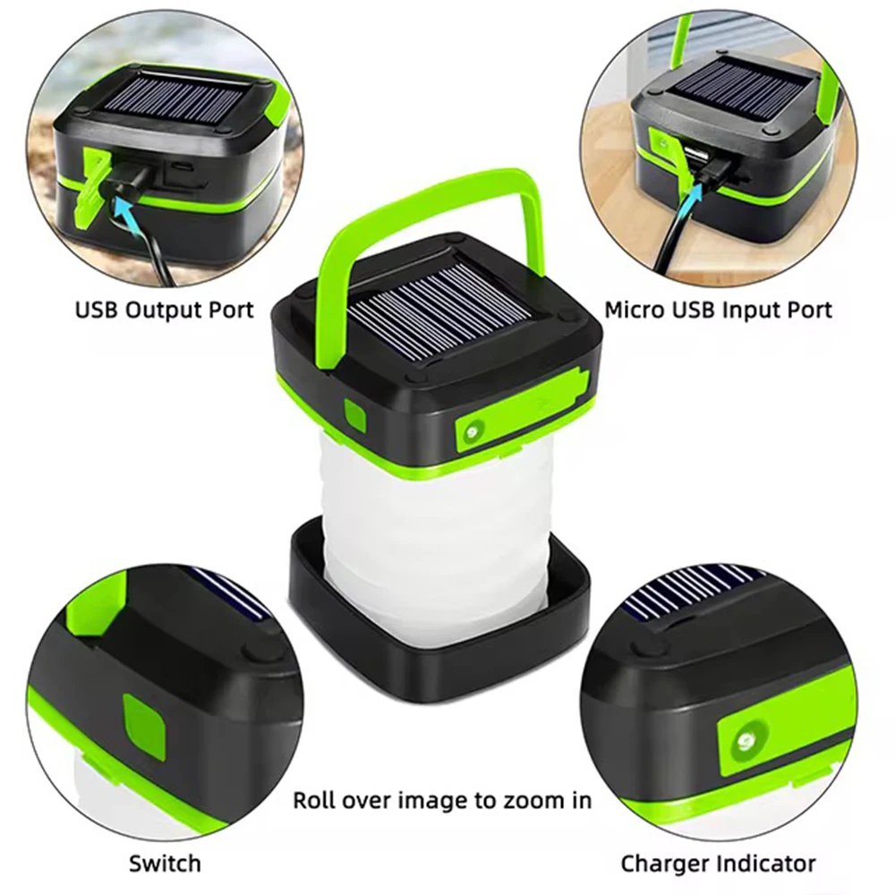 Black Rechargeable Solar Camping Lantern - 3 Lighting Modes IP65 Dual Charging (Solar & USB) Portable LED Flashlight For Hiking