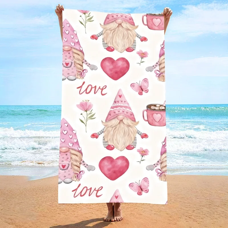 Newest Beach Towel Pink Gnome Love Heart Floral Print Beach Towel Soft Microfiber Romantic Bath Towel for Vacation