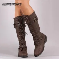 Women Knee High Boots Autumn Winter Lace Up Flat Shoes Sexy Steampunk PU Retro Buckle Woman Footwear Ladies Snow Boots Platform