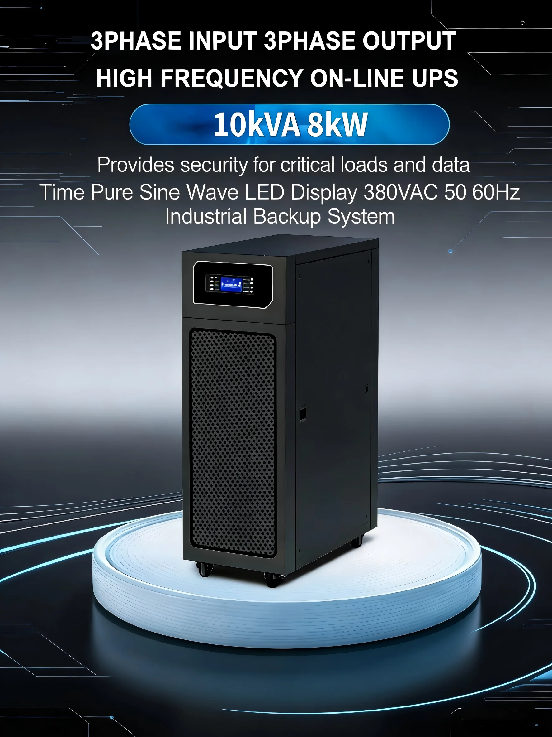 10kVA 8kW Online Three Phase UPS Zero Transfer Time Pure Sine Wave LED Display 380VAC 50 60Hz Industrial Backup System