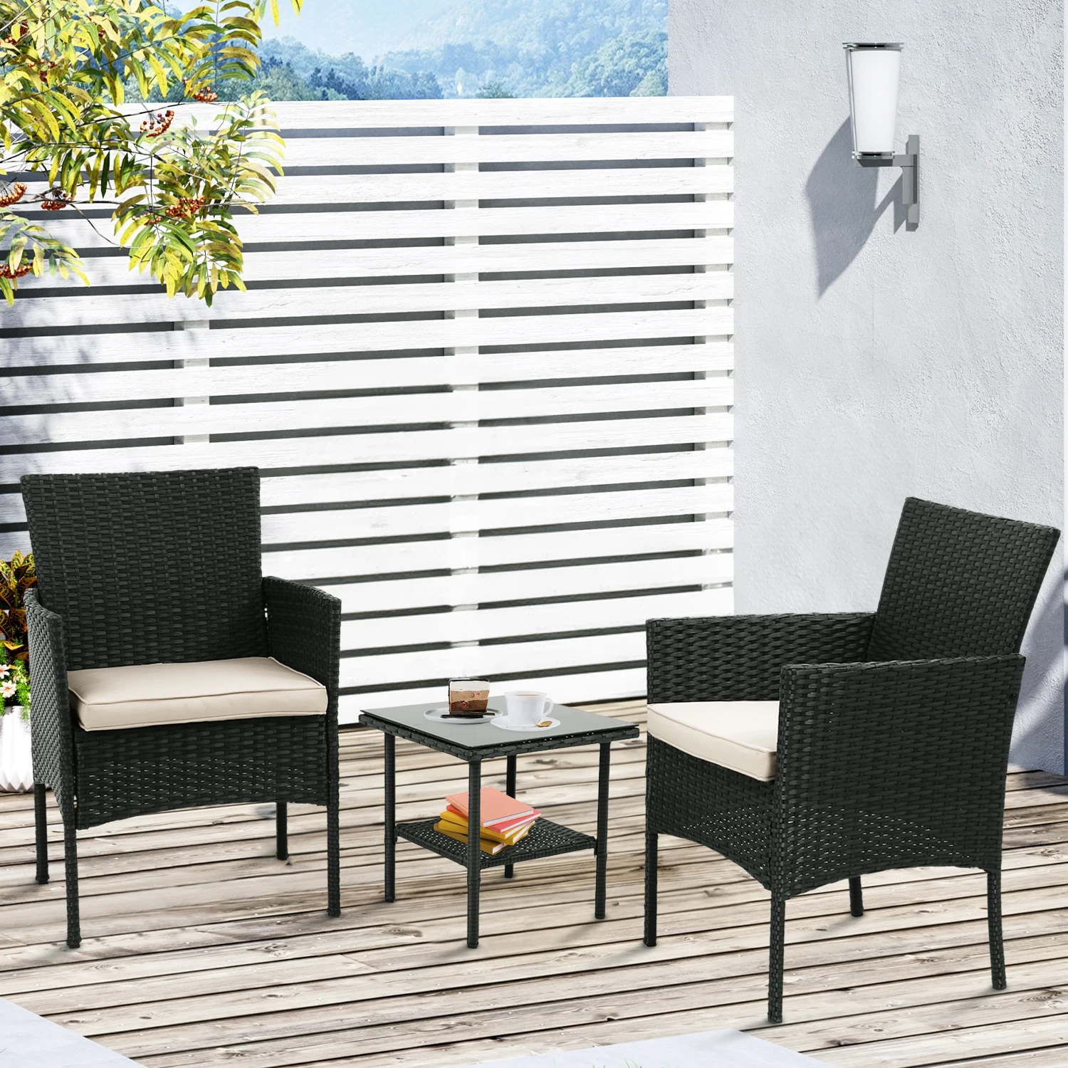 Set Furnitur Teras 3 Buah, Kursi Rotan Modern dengan Meja Kopi, Tahan Cuaca untuk Beranda, Taman, Halaman