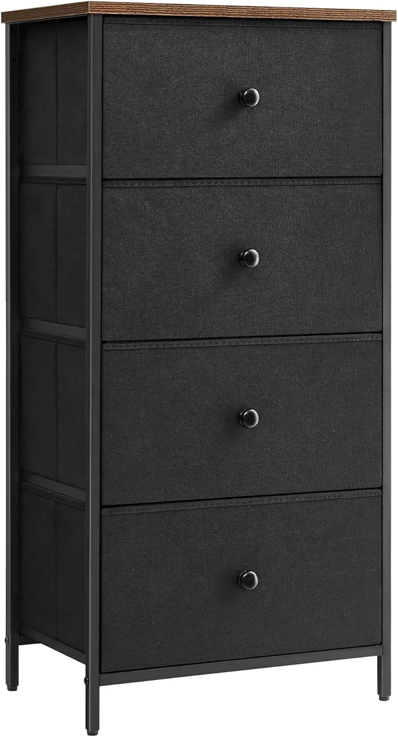 

Bedroom, Fabric Dresser with 4 Metal Frame, Small Chest of Drawers, 11.8" D x 17.7" W x 36.1" H,Black and Rustic Brown, dresser