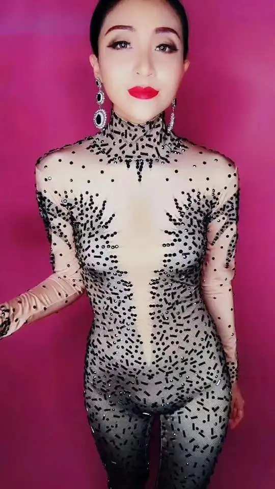 Party Evening Costumes Club Stage Dance Wear Uniform Costumes Shiny Costume For Women Rhinestones Long Sleeve Backless Jumpsuit