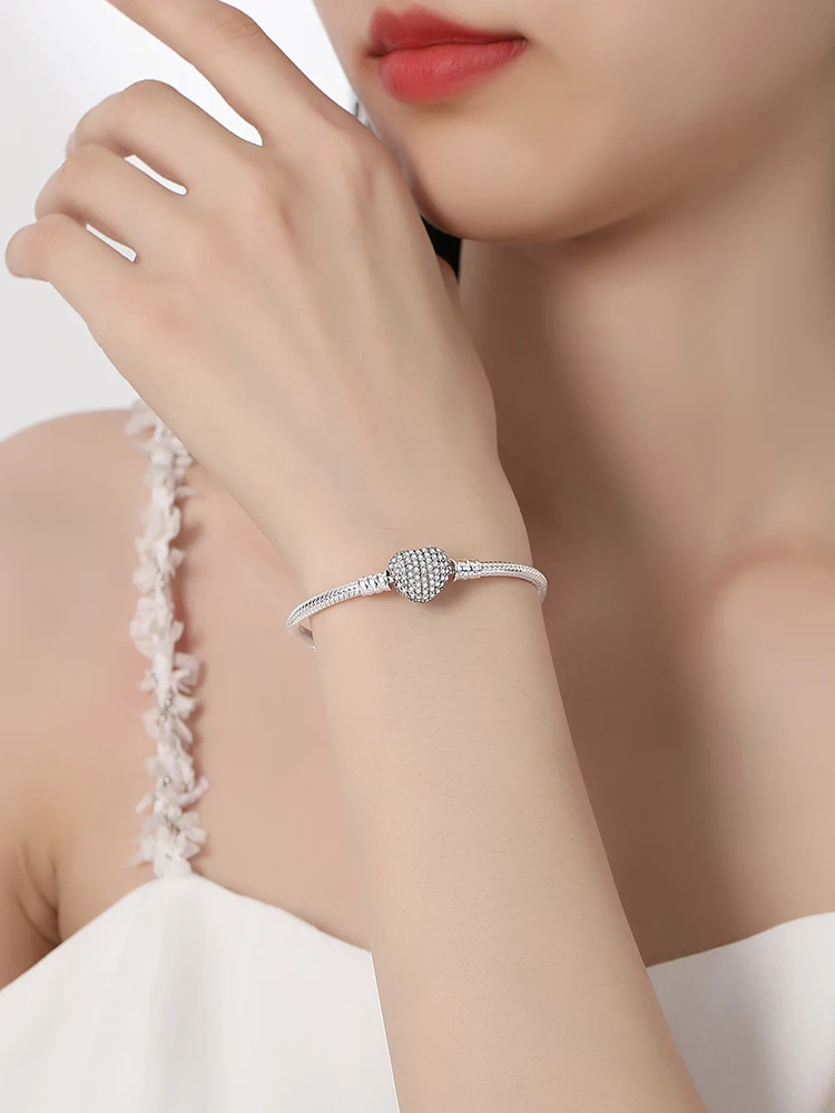 Bransoletki i bangle ze srebra próby 925, zawieszki w kształcie serca, koraliki, łańcuszki typu snake dla kobiet, różowe złoto, luksusowa biżuteria DIY. — 2