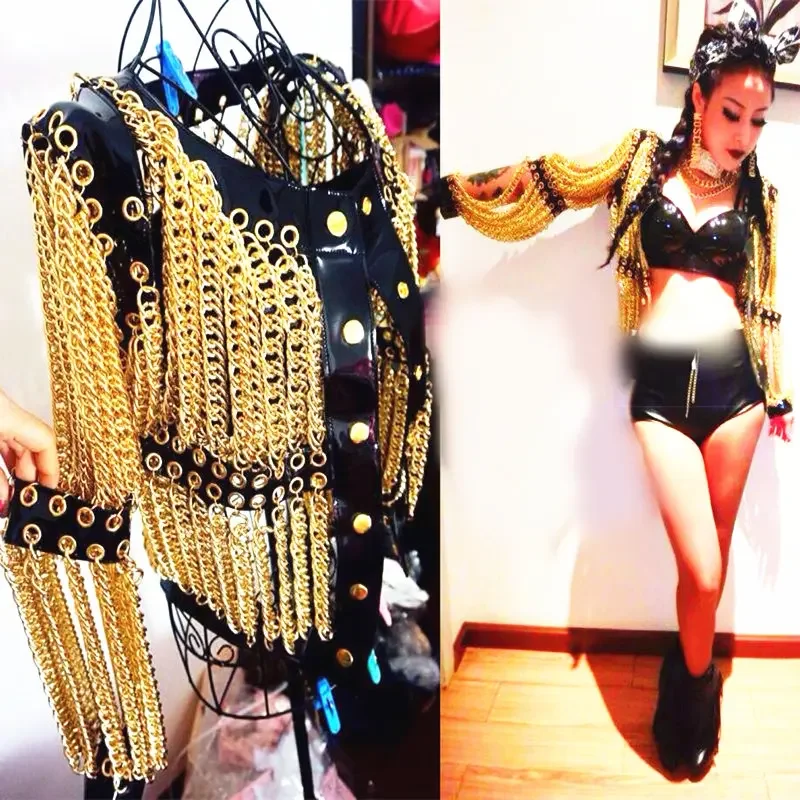 

Stage Performance Bar Nightclub Show with Bra Chains and Short Coat Golden Chain Seduction Women's Sexy Gold Chain Costume