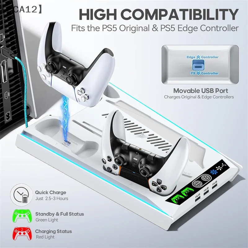 

〔CCA12〕PS5/ PS5 Slim/ PS5 Pro Stand Disc Digital Console PS5 Cooling Charging Station With 3-Level Fan PS5 Controller Charger