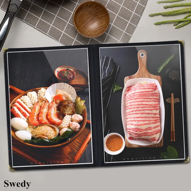 A4 Black Leather Recipe Menu Paper Book Frame PVC Menu Binder Inner Page Replaceable Restaurant Cafe Table Menu Holder Stand