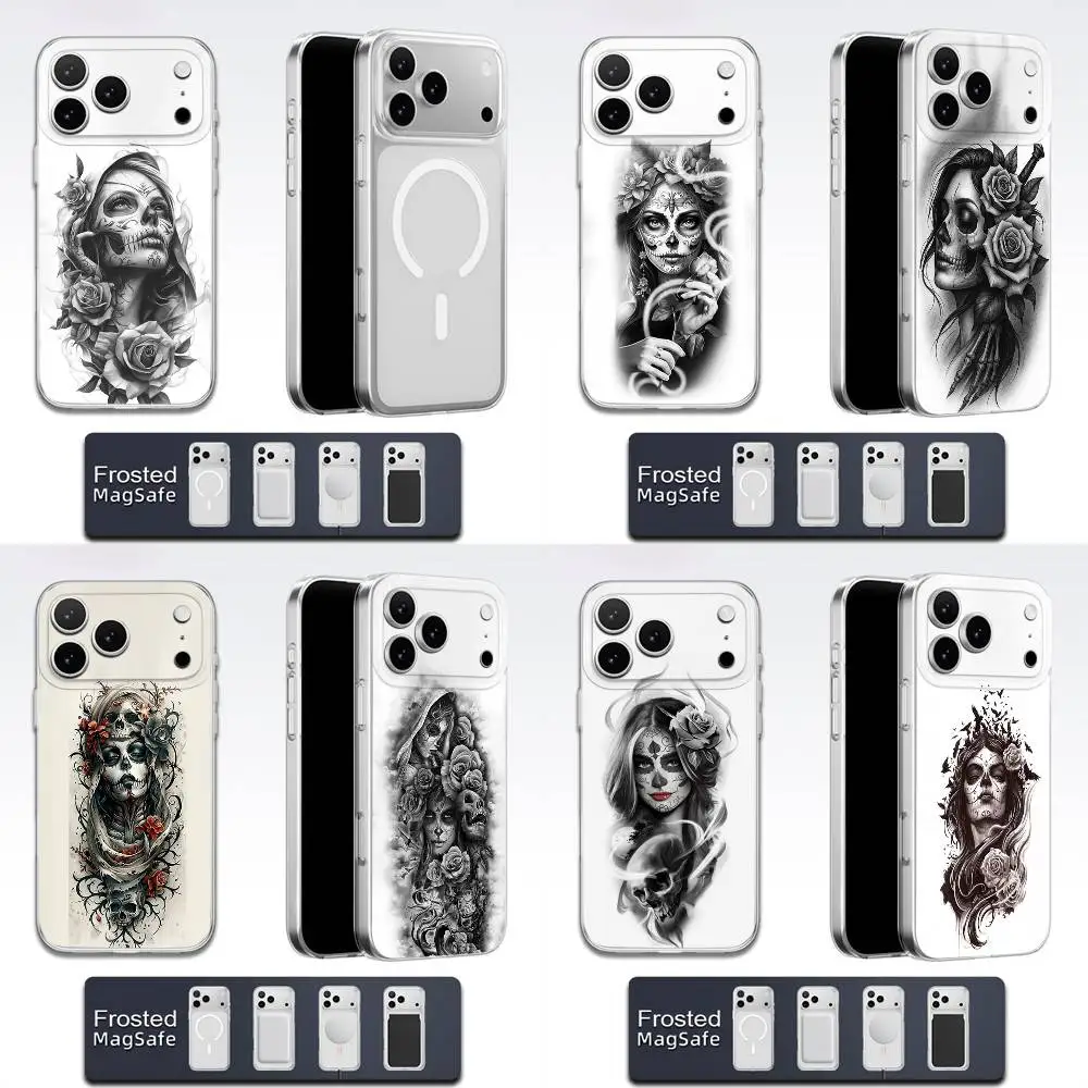 

Catrina Rose Girl Skull Phone Case For iPhone 17,16,15,14,13,12,11,Pro,Max,Plus,E,Air,Mini Magsafe Transparent
