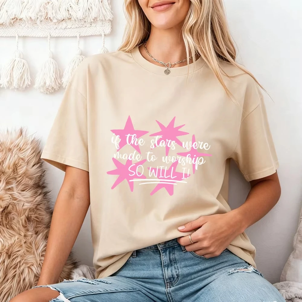 Stars White Text Inspirational Quote Christian Faith Gift Women Bible Verse Oversized Crew Neck Short Sleeve T-Shirt Tops