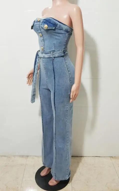 

2026 Sexy Elegant New Fashion Casual Strapless Tight Waist Slim Fit Elastic Wash Denim Long Jumpsuit Wide Leg Pants