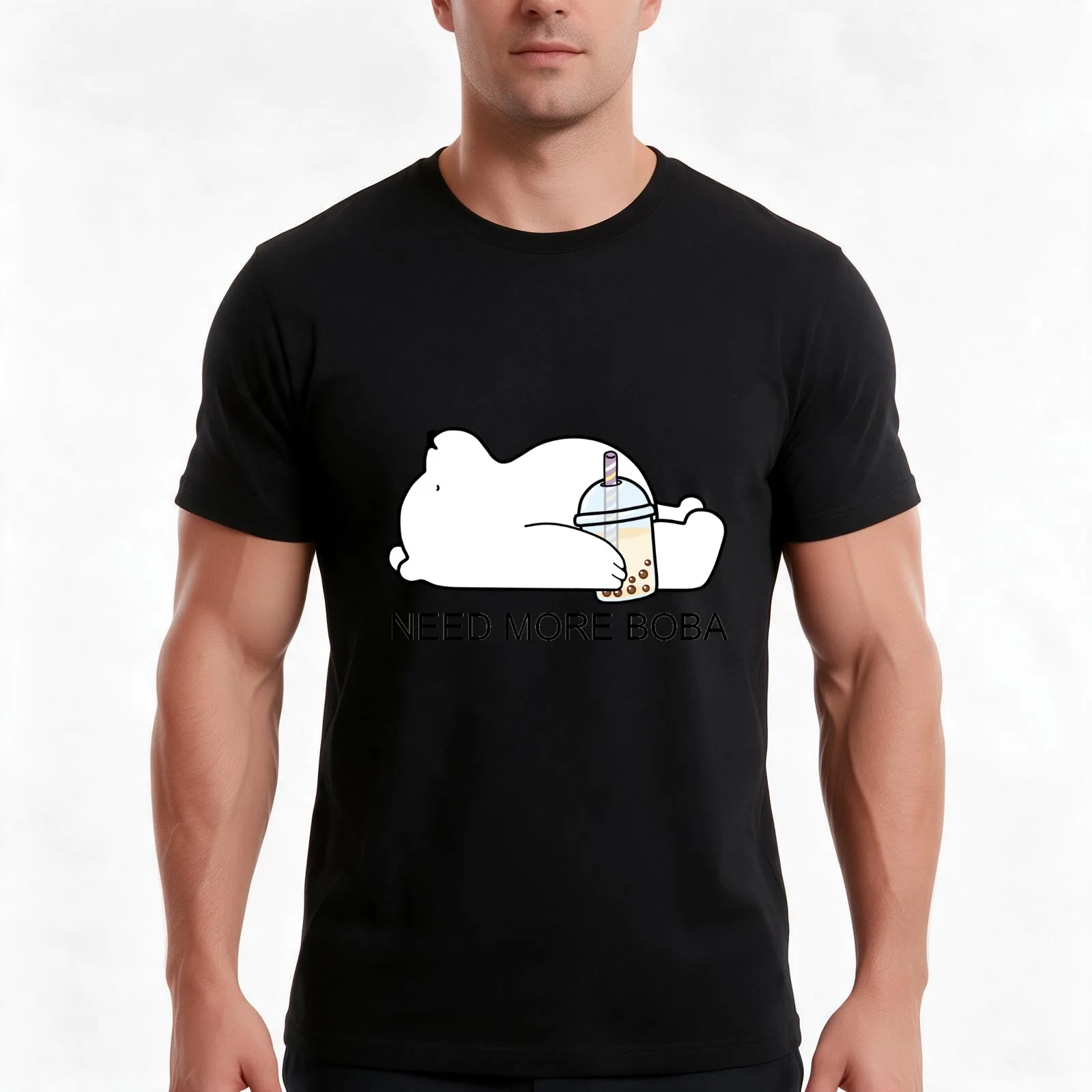 Little Bear Need more Boba! T-Shirt Summer Casual Cotton Tee, Unisex Men Women