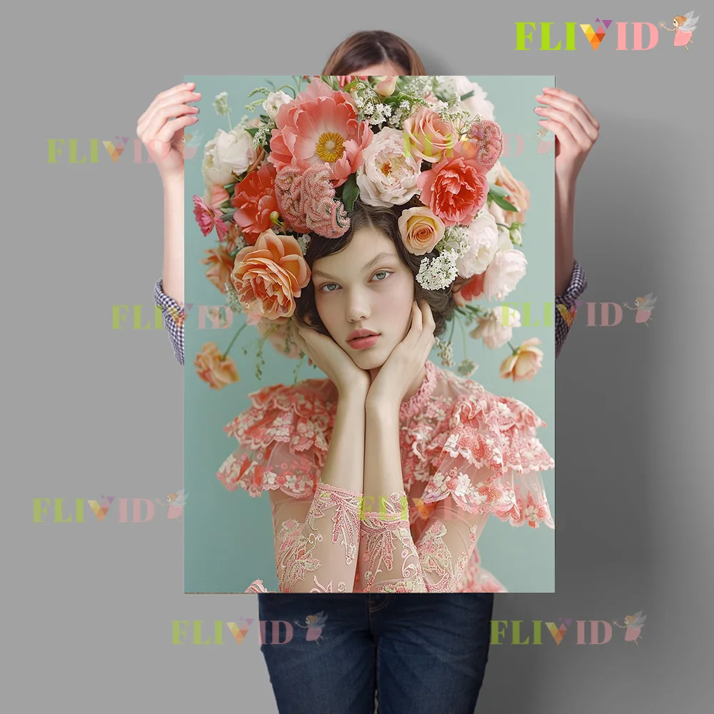 Vintage Floral Crown Portrait Art Prints Dreamy Pink Flower Head Fashion Canvas Posters Boho Style Wall Decor for Studio Cafe