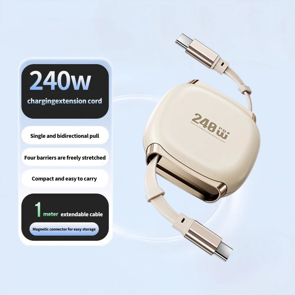 240W Retractable Fast Charging Cable USB C To Type C Auto Coiling Data Cord for IPhone Samsung Xiaomi Huawei Tablet Charge Wire