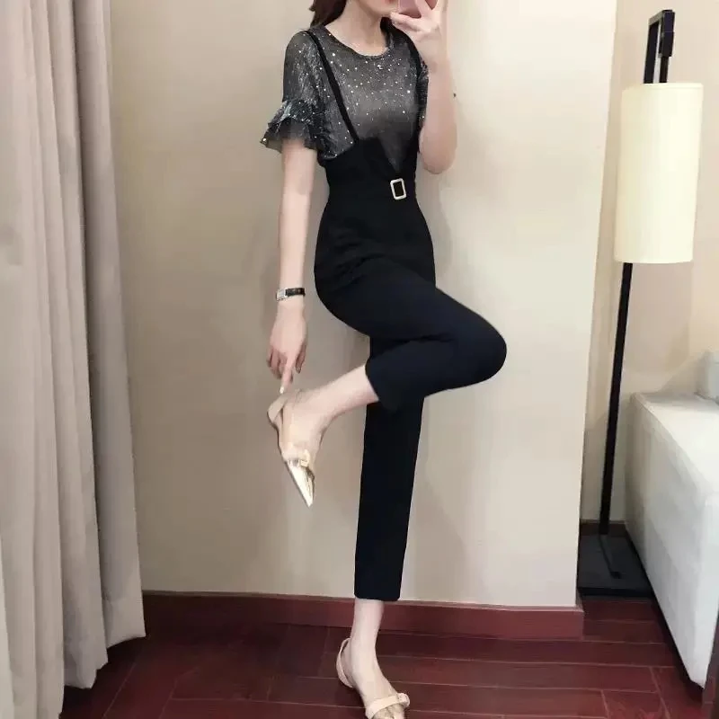 Overalls Women Outfit Spring Summer Fashion New Korean Jumpsuit 2PCS Office Ladies Straight Black Suit Thin Rompers Pants Sets