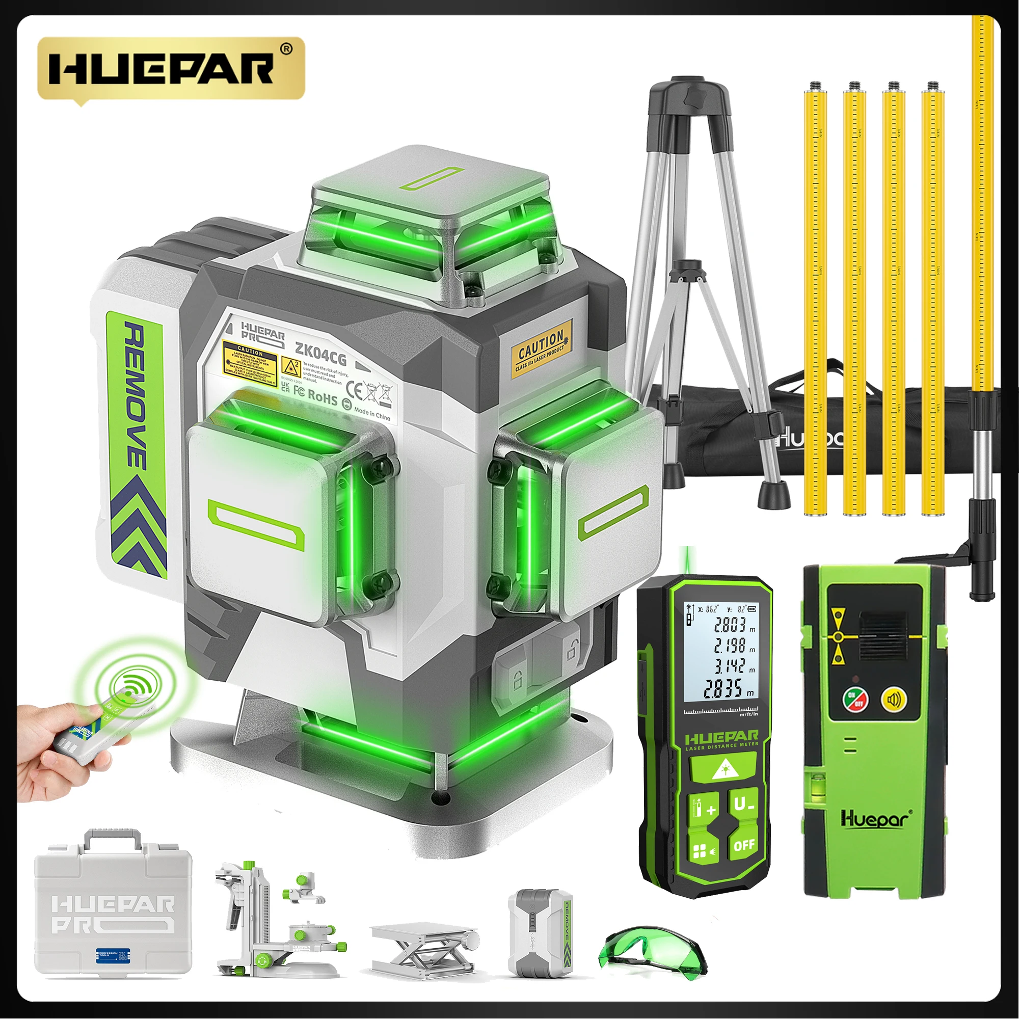 Niveau laser vert Huepar ZK04CG 4D 16 lignes avec télécommande, télémètre, détecteur, auto-nivelant, outil laser haute précision