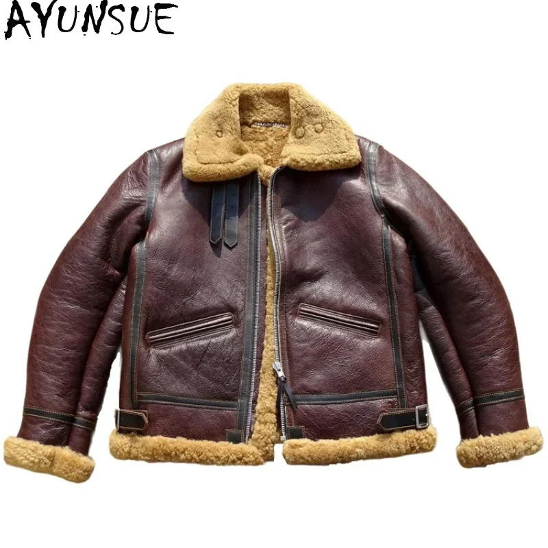 AYUNSUE Natural Merino Sheep Fur Jackets for Man Winter Warm Genuine Leather Jacket Men Vinatge Short Real Wool Fur Coat 2026