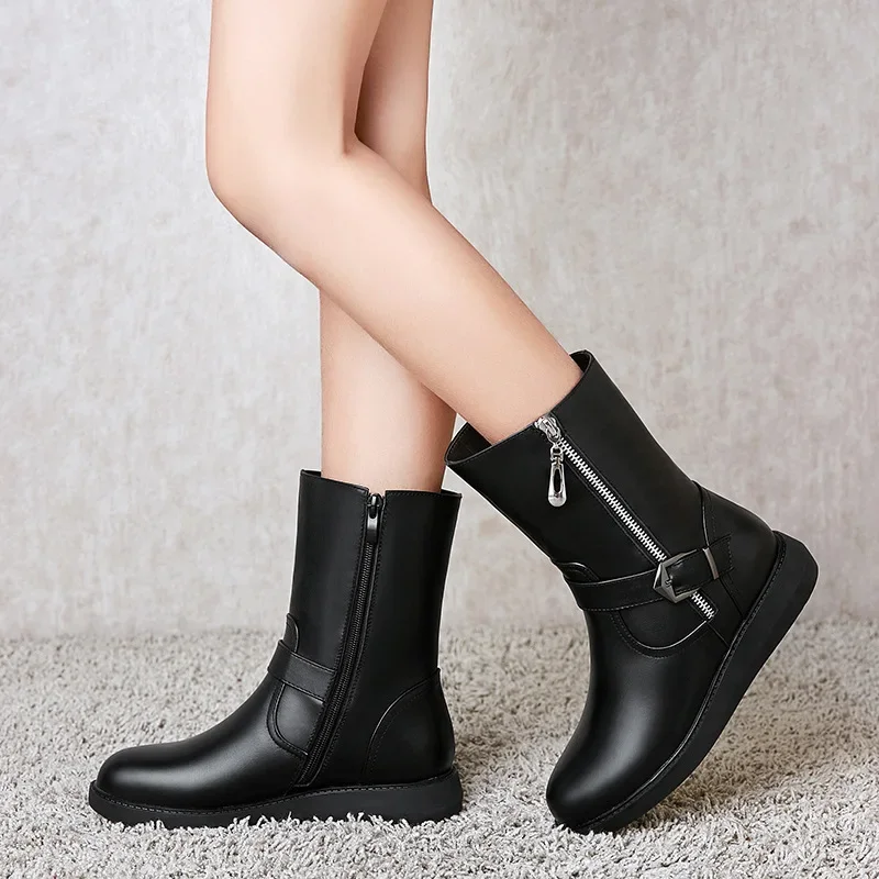 Big Size 35-43 Women Snow Boots Winter Thick Wool Warm Mid Calf Boots Women Fashion Soft Leather Low Wedge Cotton Boots