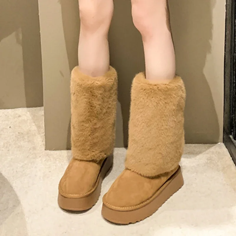 Buty damskie na wyprzedaży 2024 Fashion Sleeve Women Boots Winter Round Toe Suede Warm Solid Middle Tube Platform Boots Zapatos Mujer