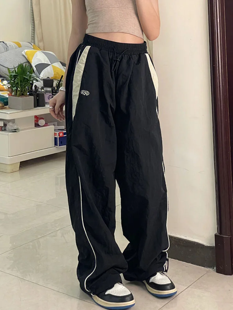 Pantaloni da donna con coulisse allentati solidi retrò primaverili Pantaloni casual Pantaloni larghi a gamba larga Pantaloni sportivi a vita media Y2k Abiti femminili