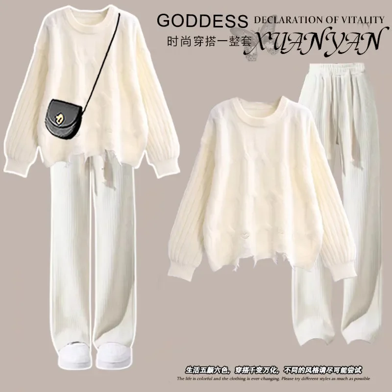 

Женский осенне-зимний костюм, женский новый возрастной свитер 2025 года, комплект из двух предметов с узкой талией и широкими штанинами