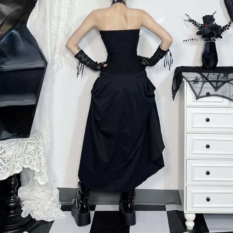 تنانير نسائية هاراجوكو سوداء بأشرطة عتيقة ملابس الشارع القوطية 2024 صيفية Jupe فام Y2k جمالية على شكل حرف a الجرونج Faldas Mujer