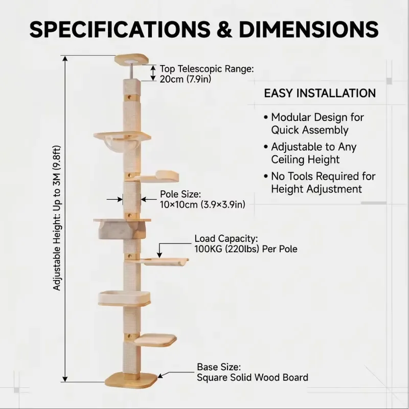 Modern Floor to Ceiling Cat Tree All Solid Wood 4 Layers Space Capsule Hammock Habitat 10x10cm Column High Strength Sisal