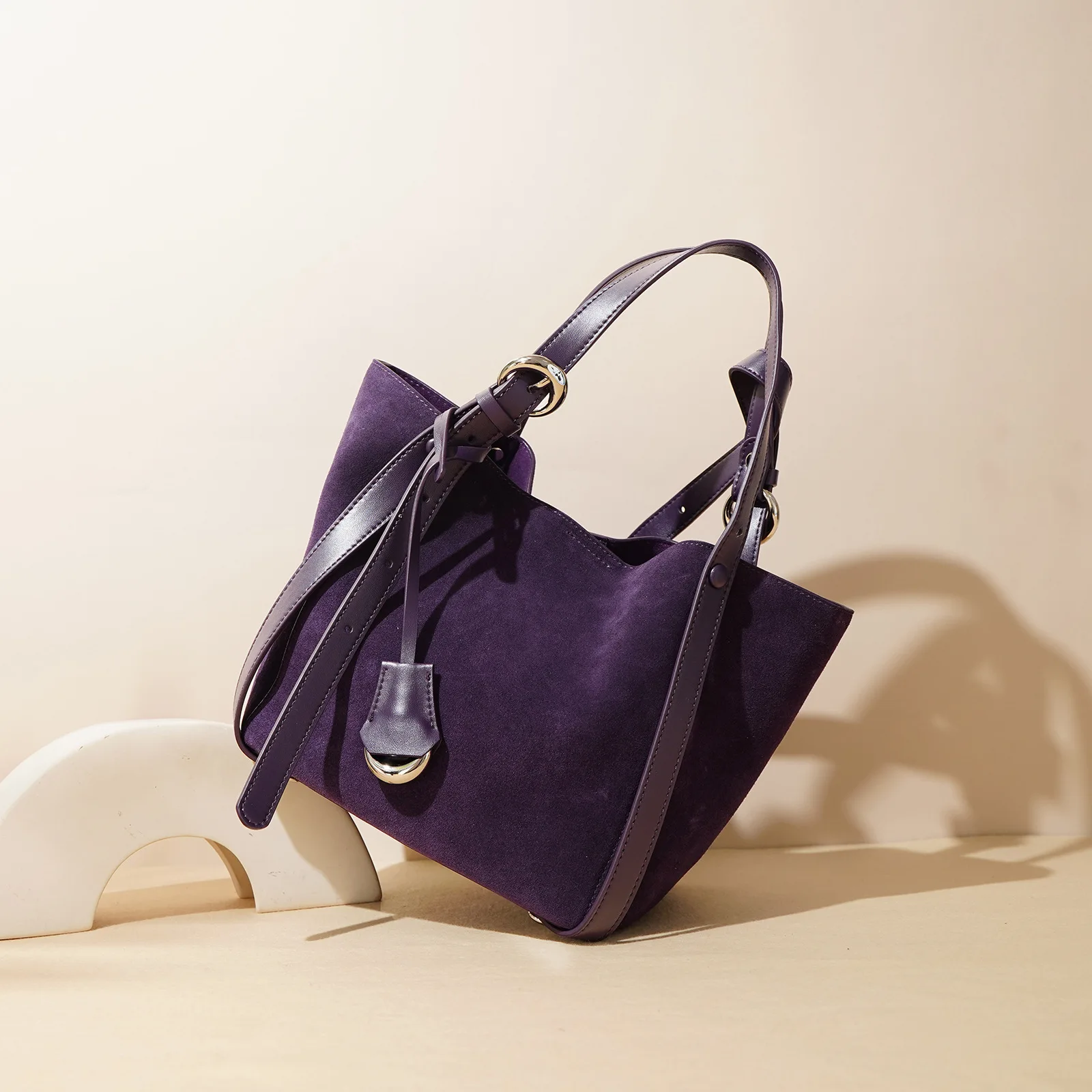 

Genuine Grade Suede Leather Women's Shoulder Crossbody Purple Bucket Bag Luxury Designer Brand Ladies Handabg for Woman New