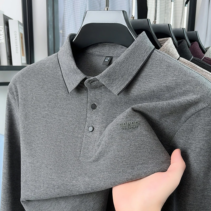 Men's Autumn Fashion New Keep Warm Print Polo Shirt Original Long Sleeved Solid Color Lapel T-Shirt Casual Commuting Men's Wear